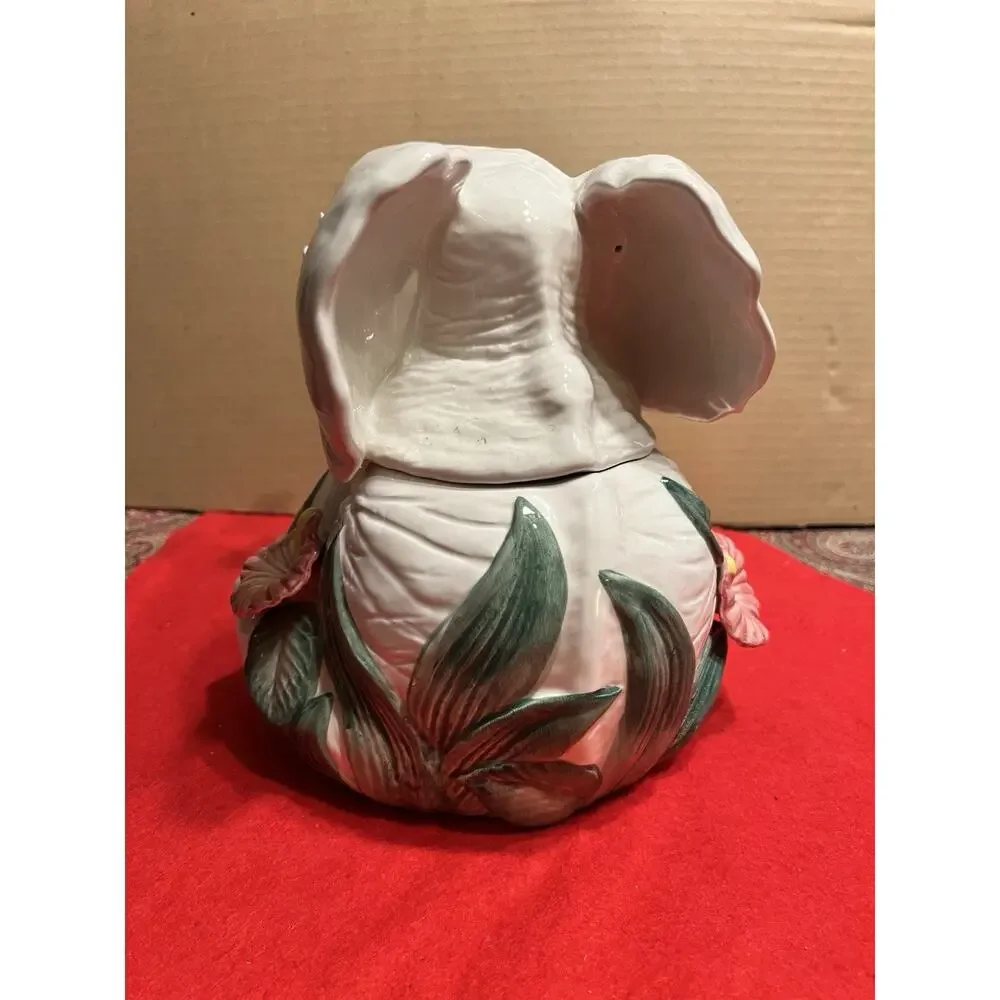 VINTAGE 1991 FITZ & FLOYD JUNGLE RAINFOREST COLLECTION WHITE ELEPHANT COOKIE JAR